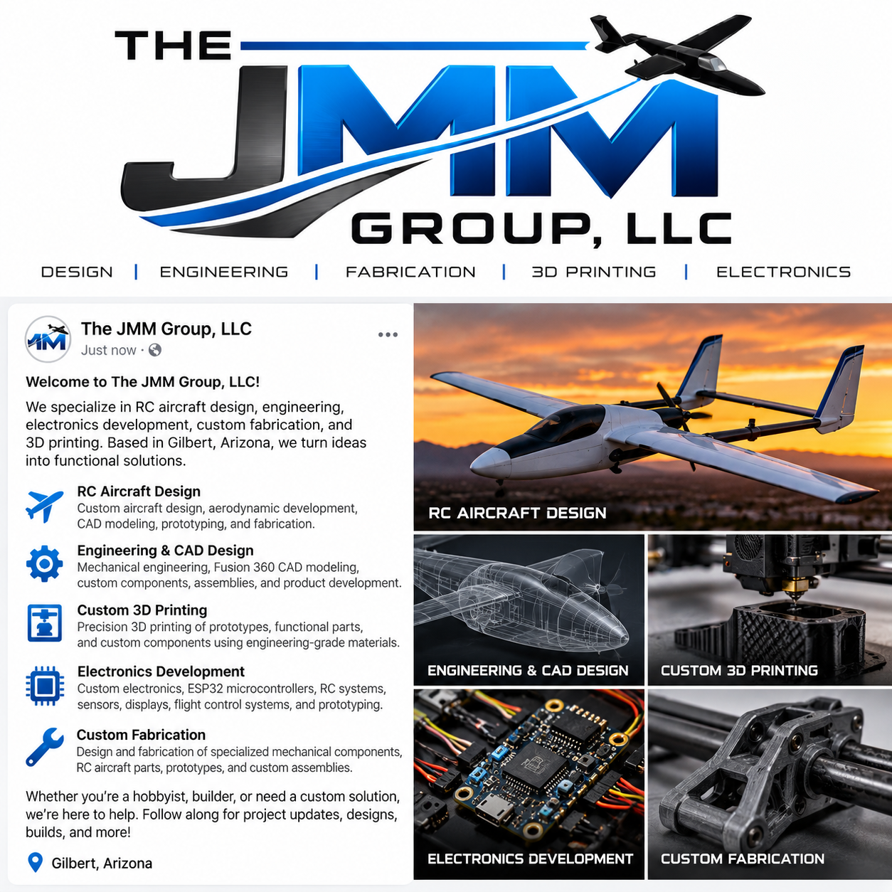 The JMM Group, LLC — blue and black logo with RC aircraft